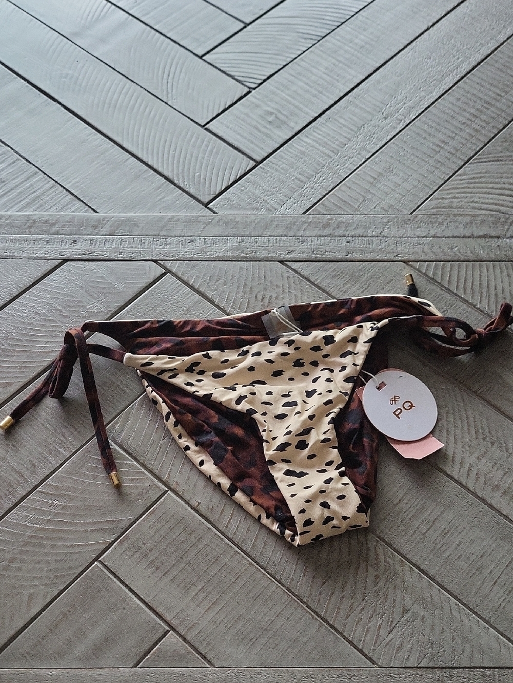 PQ Swim Leopard Print Tie-Side Bikini Bottom in Cream and Brown